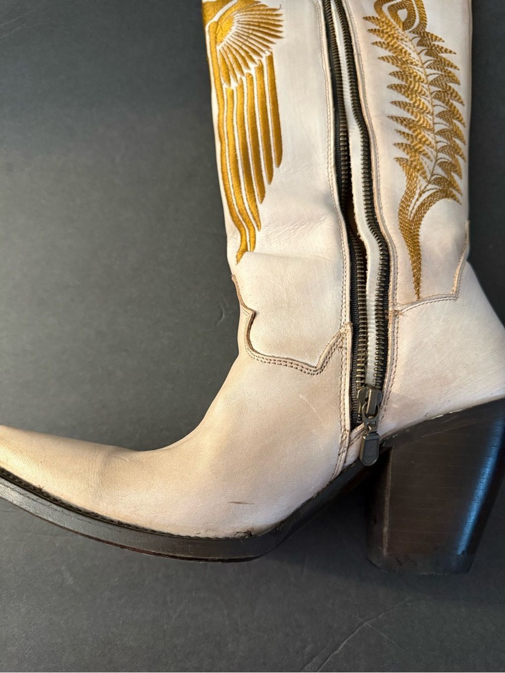 Dan Post White Leather Western Boots with Gold Embroidered Wing Detail